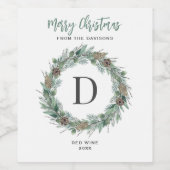 Merry Kerstwinter Greenery Monogram Wreath Wijn Etiket (Enkel label)