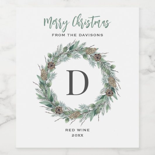 Merry Kerstwinter Greenery Monogram Wreath Wijn Etiket (Enkel label)