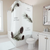 Merry Kerstwords Pine Cones Branches White Douchegordijn (In situ)