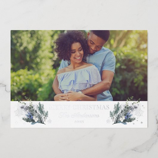 Merry Kerstzilver Blauwe WinterFloral Folie Feestdagenkaart (Voorkant)