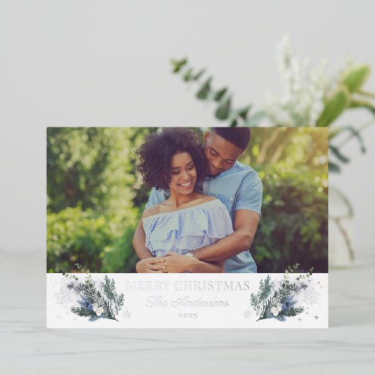 Merry Kerstzilver Blauwe WinterFloral Folie Feestdagenkaart (Staand Voorkant)