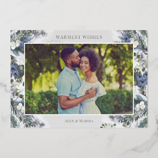 Merry Kerstzilver Blauwe WinterFloral Folie Feestdagenkaart (Achterkant)