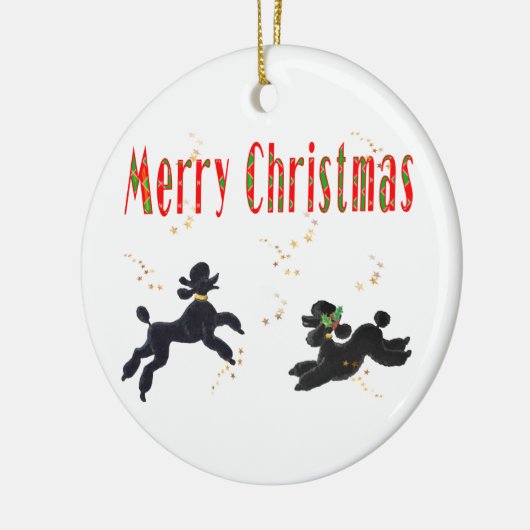 Merry kerstzwarte poodles in sterrenversiering keramisch ornament (Links)