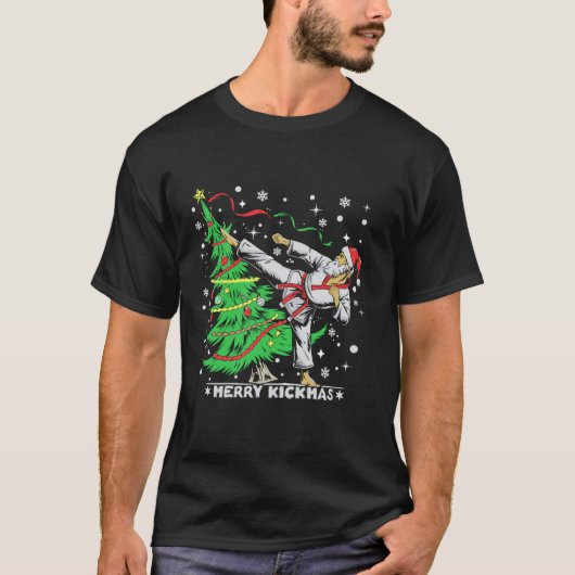 Merry Kickmas Kerstman Taekwondo Kerstboom T-shirt (Voorkant)