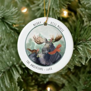 Merry Kiss Moose   Bijtende kerstwinter Keramisch Ornament