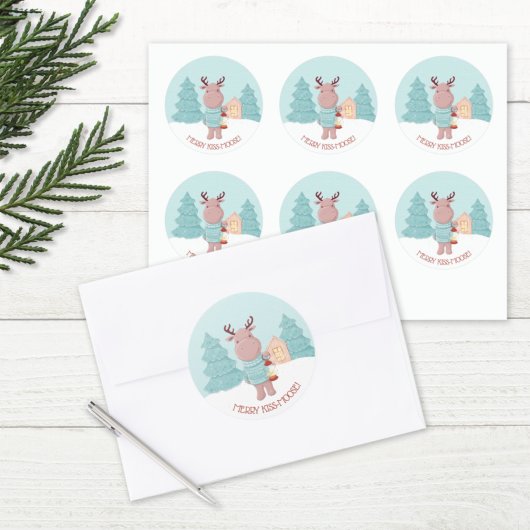 Merry Kiss Moose Funny Kerstmis Ronde Sticker