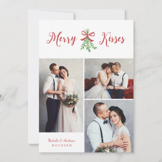Merry Kisses Modern Three Photo Mistletoe Feestdagenkaart (Voorkant)