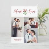 Merry Kisses Modern Three Photo Mistletoe Feestdagenkaart (Staand voorkant)