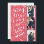 Merry Kisses Warm bewaart Datum 3 Rood Save The Date<br><div class="desc">Deze moderne en schitterende fotokaart verdubbelt als een bewaarkaart voor het pas aangeworven paar. Aan de voorzijde staan 3 foto's die voorzien zijn van met de hand getekende sneeuwvlokken en met de hand geschreven typografie die zegt: "Merry Kisses and Warm Holiday Wishes from the Soon To Be Mr and Mrs."...</div>