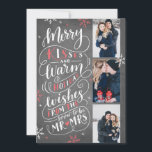 Merry Kisses Warm bewaart Datum 3 Rood Save The Date<br><div class="desc">Deze moderne en schitterende fotokaart verdubbelt als een bewaarkaart voor het pas aangeworven paar. Op de voorzijde staan 3 van uw foto's, voorzien van met de hand getekende sneeuwvlokken en met de hand geschreven typografie, die zegt: "Merry Kisses and Warm Holiday Wishes from the Soon To Be Mr and Mrs."...</div>