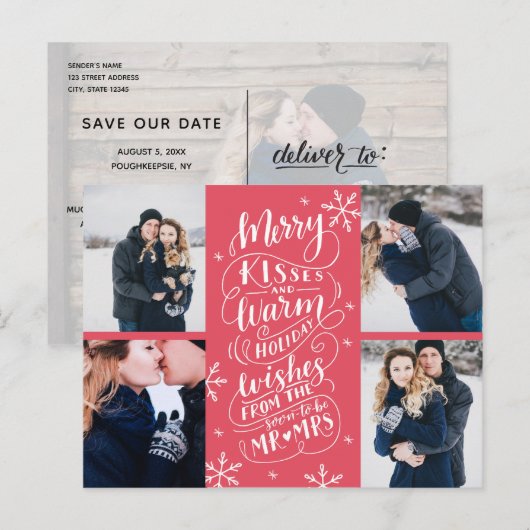 Merry Kisses Warm wil datum 4-foto opslaan Aankondigingskaart (Voorkant / Achterkant)