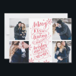 Merry Kisses Warm wil datum 4-foto opslaan Save The Date<br><div class="desc">Deze moderne en schitterende fotokaart verdubbelt als een bewaarkaart voor het pas aangeworven paar. Aan de voorzijde staan vier foto's die voorzien zijn van met de hand getekende sneeuwvlokken en met de hand geschreven typografie die zegt: "Merry Kisses and Warm Holiday Wishes from the Soon To Be Mr and Mrs."...</div>