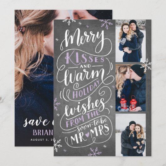 Merry Kisses Warm Wishes Save Date 3 Lila Foto Save The Date (Voorkant / Achterkant)
