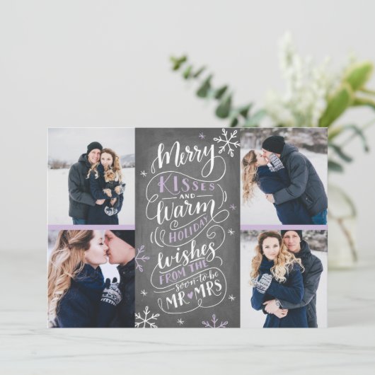 Merry Kisses Warm Wishes Save Date 4-Photo Lila Save The Date (Staand voorkant)