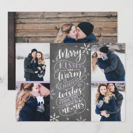 Merry Kisses Warm Wishes Save Date 4-Photo Lila Save The Date (Voorkant / Achterkant)