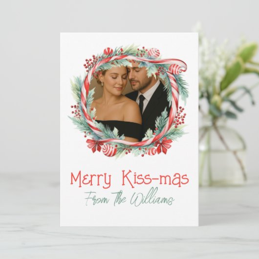 Merry Kissmas Candy Cane Wreath Photo Christmas  Feestdagenkaart (Staand voorkant)