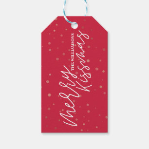 Merry Kissmas   Kerstmis met rode en witte streep Cadeaulabel