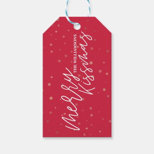 Merry Kissmas | Rode & witte streep Kerstmis Cadeaulabel (Voorkant)