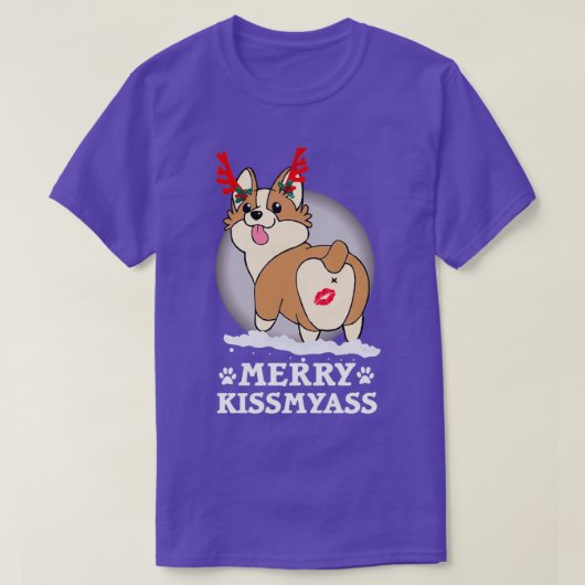 Merry KissMyAss Corgi Horn kerstcadeautje Halowee T-shirt (Design voorkant)