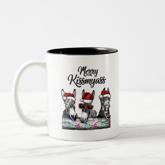 Merry Kissmyass Donkey Santa Hat String Lights Tweekleurige Koffiemok (Links)