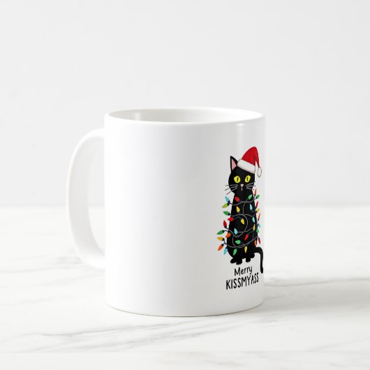 Merry Kissmyass Funny Cat Christmas Lights Premium Koffiemok (Voorkant links)
