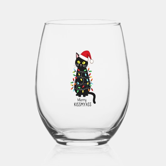Merry Kissmyass Funny Cat Christmas Lights Premium Wijnglas Zonder Voet (Voorkant)
