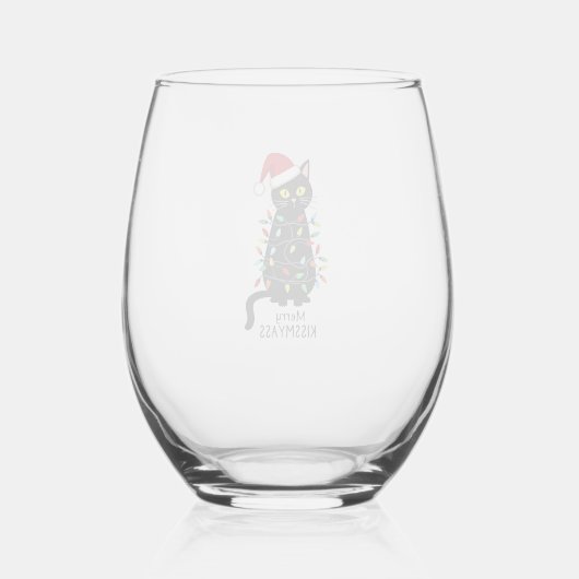 Merry Kissmyass Funny Cat Christmas Lights Premium Wijnglas Zonder Voet (Achterkant)