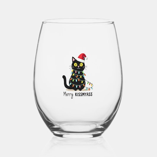 Merry Kissmyass Funny Cat Christmas Lights Premium Wijnglas Zonder Voet (Voorkant)