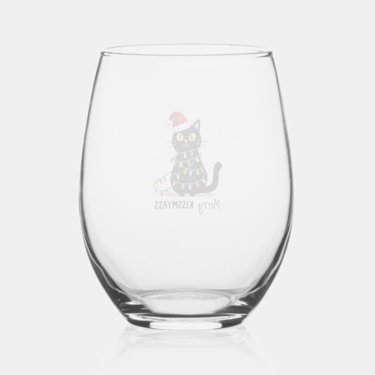 Merry Kissmyass Funny Cat Christmas Lights Premium Wijnglas Zonder Voet (Achterkant)