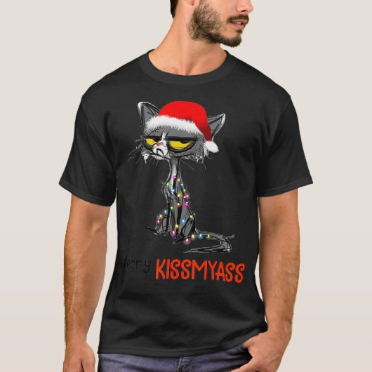 Merry Kissmyass Funny Kerstmis Black Cat T-shirt (Voorkant)