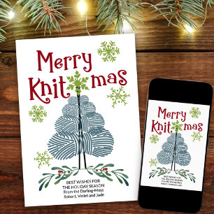 Merry Knitmas - kerstboom met kerstmis en sneeuwvl Feestdagenkaart