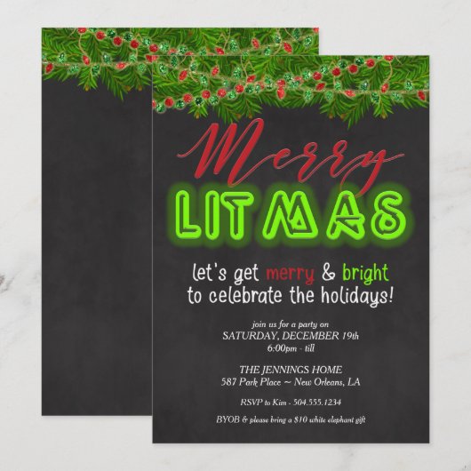 Merry Litmas Uitnodiging, Kerstfeest Kaart (Voorkant / Achterkant)