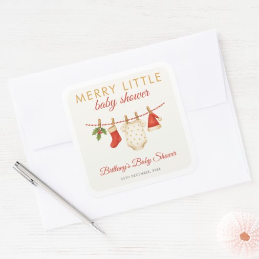 Merry Little Baby Clothesline Baby shower Vierkante Sticker (Envelop)