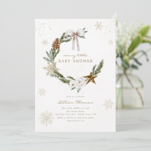 Merry Little Baby shower Neutral Bow Wreath Kaart (Staand voorkant)