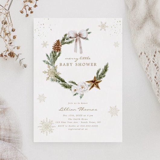 Merry Little Baby shower Neutral Bow Wreath Kaart