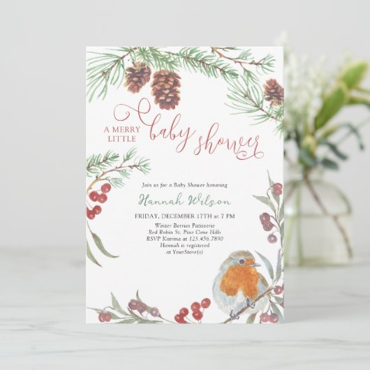 Merry Little Baby shower Robin en Pine Invitation Kaart (Staand voorkant)