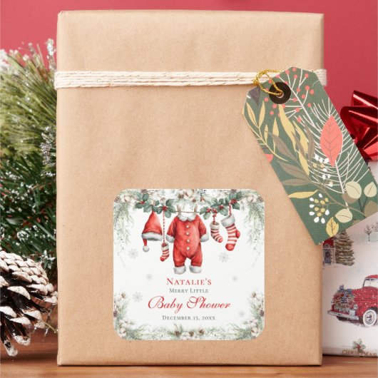 Merry Little Baby Shower Santa Clothesline Vierkante Sticker (Feestdagen)