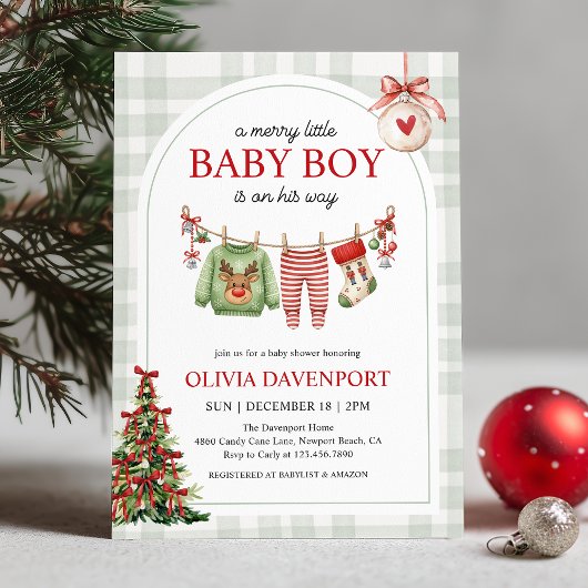 Merry Little Boy Gingham Christmas Baby Shower Kaart