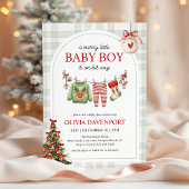 Merry Little Boy Gingham Christmas Baby Shower Kaart