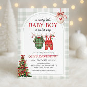 Merry Little Boy Gingham Christmas Baby Shower Kaart