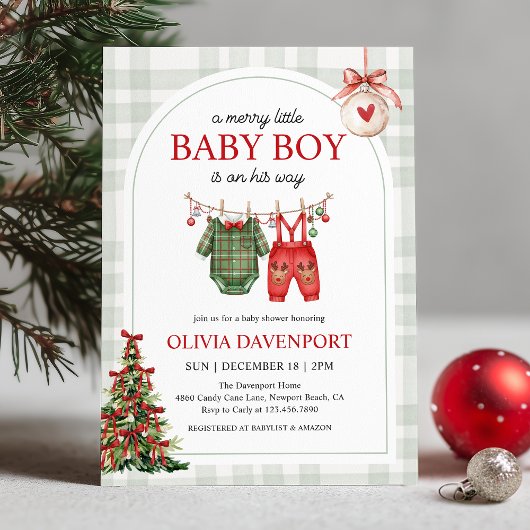 Merry Little Boy Gingham Christmas Baby Shower Kaart