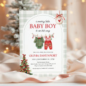 Merry Little Boy Gingham Christmas Baby Shower Kaart