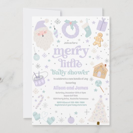 Merry Little Christmas Baby shower Paarse & Zilver Kaart (Voorkant)