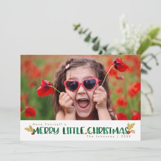 Merry Little Christmas Red & Gold Holly Waterverf Feestdagenkaart (Staand voorkant)