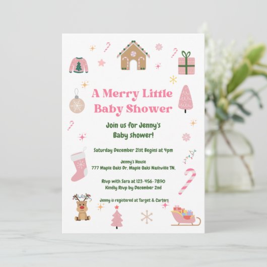 Merry Little Christmas Roze Baby shower Kaart (Staand voorkant)