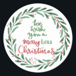 Merry Little Christmas Script | Wreath  Ronde Sticker<br><div class="desc">Merry Little Christmas Script | Wreath</div>