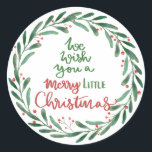 Merry Little Christmas Script | Wreath  Ronde Sticker<br><div class="desc">Merry Little Christmas Script | Wreath</div>