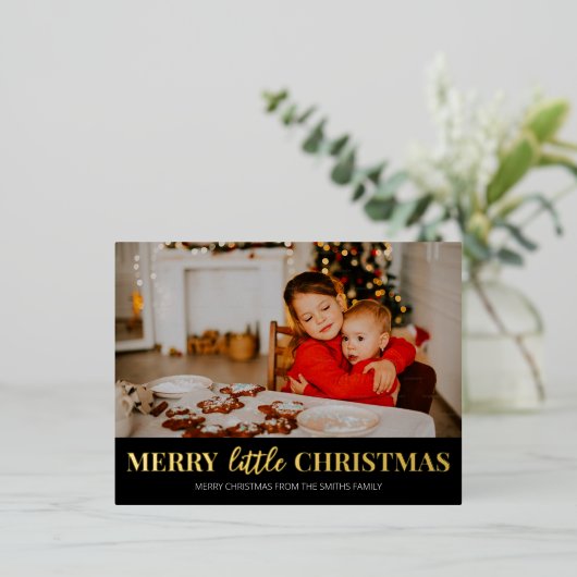 Merry Little Christmas Zwart Goud Moderne foto Folie Feestdagen Briefkaart (Staand Voorkant)