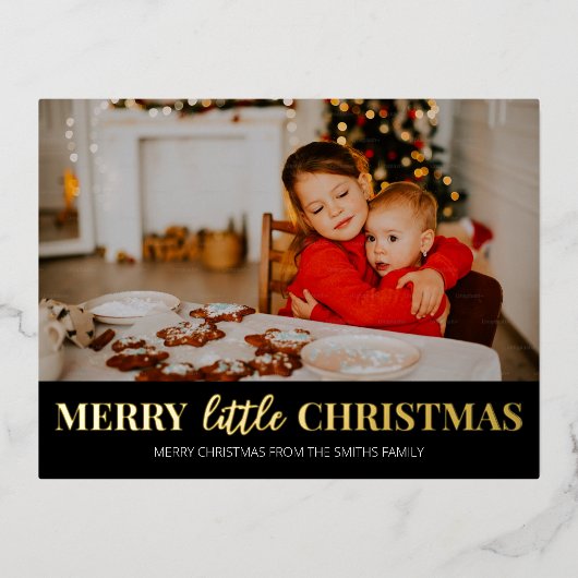Merry Little Christmas Zwart Goud Moderne foto Folie Feestdagen Briefkaart (Voorkant)