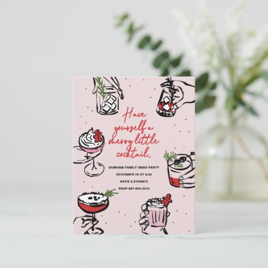 Merry Little Cocktail L Red & Blush Pink Vakantie Kaart (Staand voorkant)